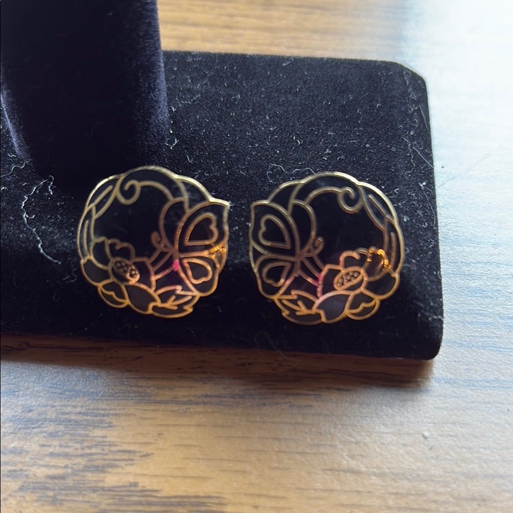 Elegant Gold and black cloisonné Earrings with surgical steel post